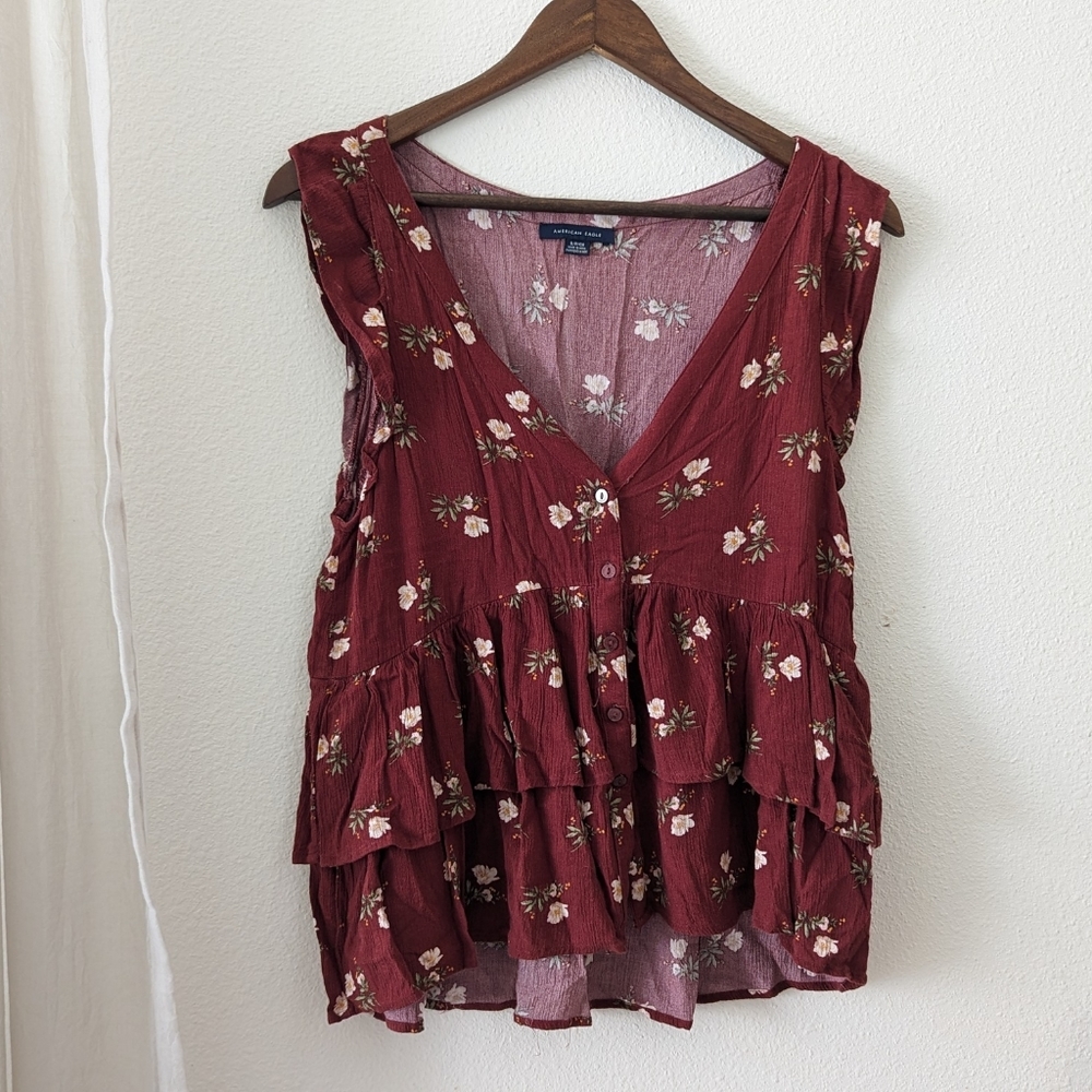 American Eagle Floral V Neck Ruffled Top
